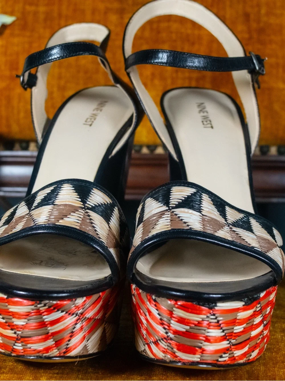 SIZE 12 Nine West Black and Multicolor Woven Platform Sandals